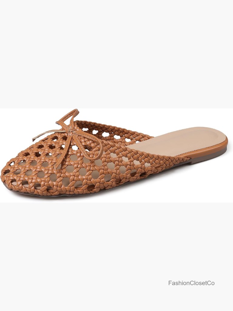 Woven Mesh Flat Sandals - Slip On Espadrille Mules With Bow Knot Decoration